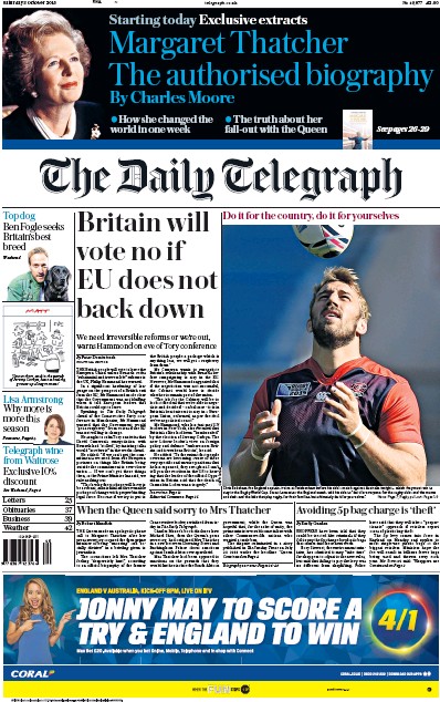 The Daily Telegraph Newspaper Front Page for 3 October 2015