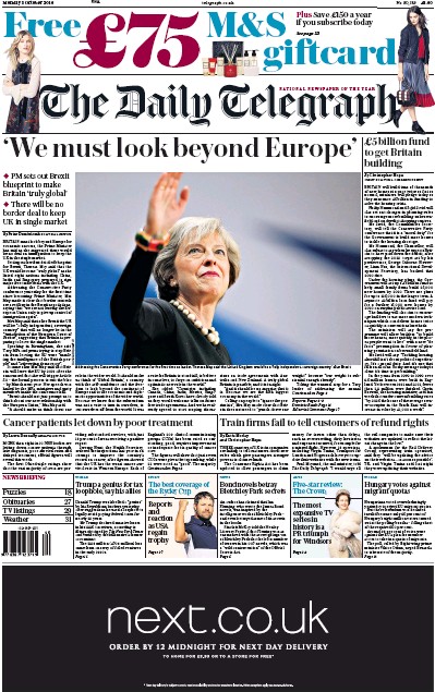The Daily Telegraph (UK) Newspaper Front Page for 3 October 2016