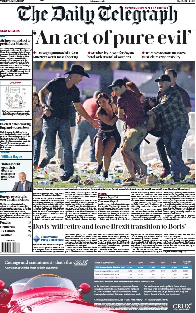 The Daily Telegraph Newspaper Front Page for 3 October 2017