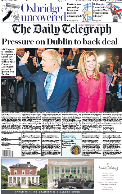 The Daily Telegraph Newspaper Front Page for 3 October 2019