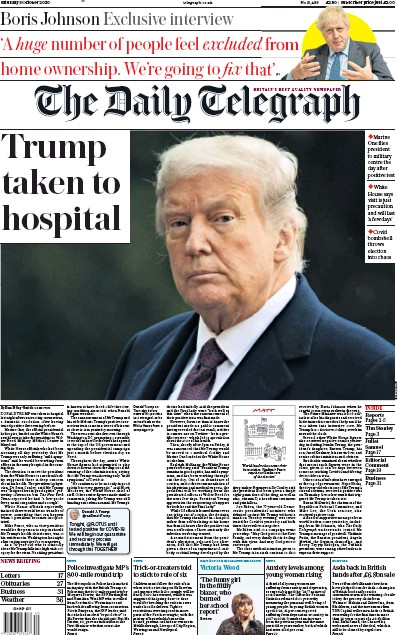 The Daily Telegraph Newspaper Front Page for 3 October 2020