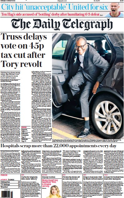 The Daily Telegraph (UK) Newspaper Front Page for 3 October 2022
