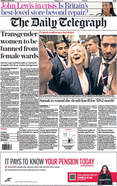 The Daily Telegraph (UK) Newspaper Front Page for 3 October 2023