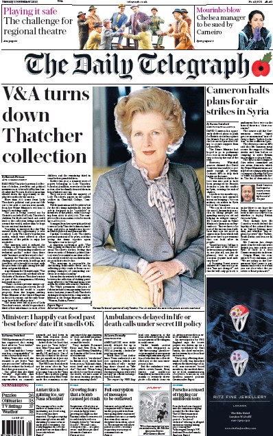 The Daily Telegraph Newspaper Front Page for 3 November 2015