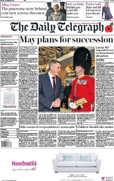 The Daily Telegraph Newspaper Front Page for 3 November 2017