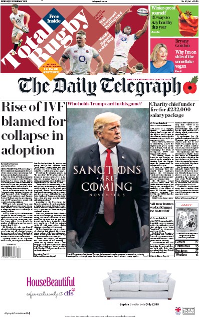 The Daily Telegraph Newspaper Front Page for 3 November 2018
