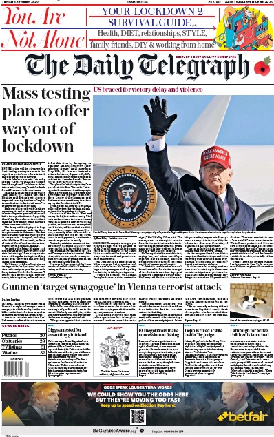 The Daily Telegraph Newspaper Front Page for 3 November 2020