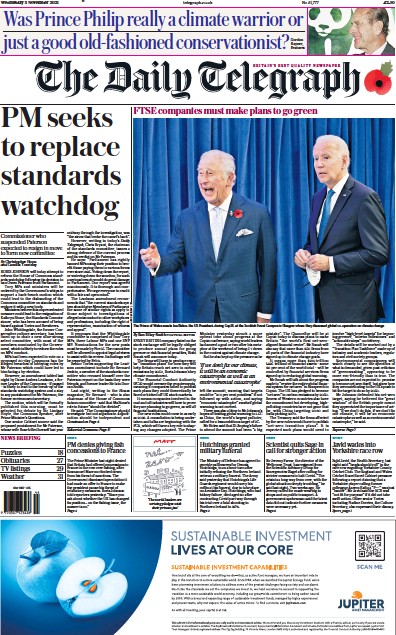 The Daily Telegraph (UK) Newspaper Front Page for 3 November 2021