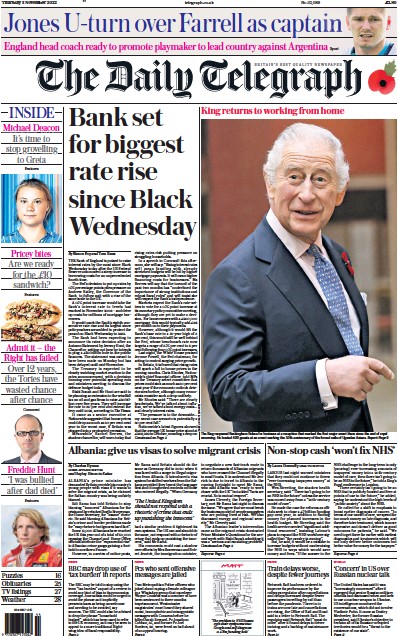 The Daily Telegraph (UK) Newspaper Front Page for 3 November 2022