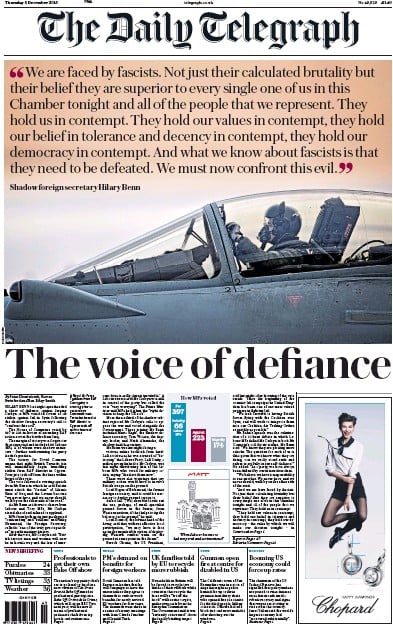 The Daily Telegraph (UK) Newspaper Front Page for 3 December 2015