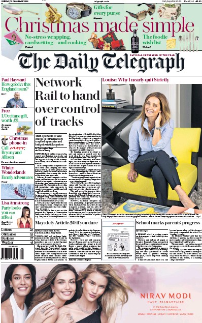 The Daily Telegraph Newspaper Front Page for 3 December 2016
