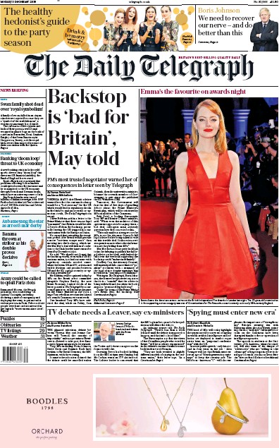 The Daily Telegraph Newspaper Front Page for 3 December 2018