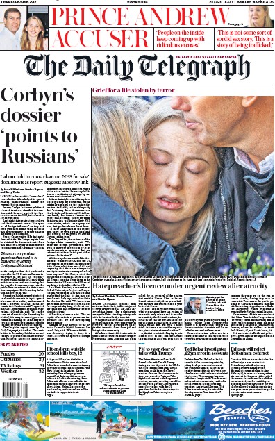The Daily Telegraph Newspaper Front Page for 3 December 2019