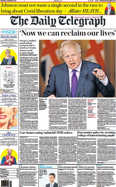 The Daily Telegraph Newspaper Front Page for 3 December 2020