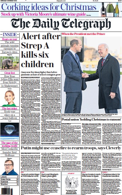 The Daily Telegraph (UK) Newspaper Front Page for 3 December 2022