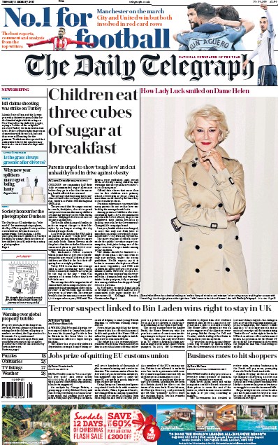The Daily Telegraph (UK) Newspaper Front Page for 3 January 2017