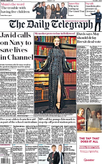 The Daily Telegraph Newspaper Front Page for 3 January 2019