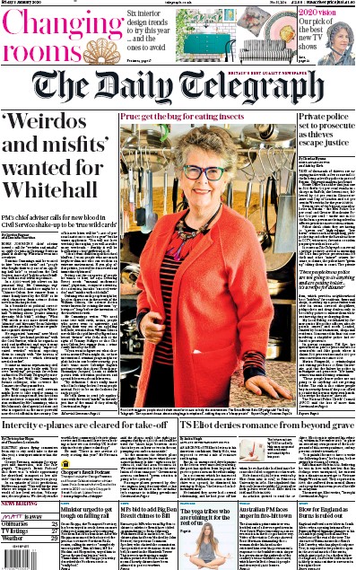 The Daily Telegraph Newspaper Front Page for 3 January 2020