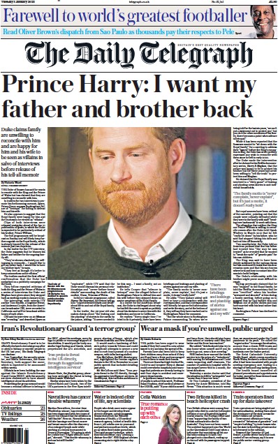 The Daily Telegraph (UK) Newspaper Front Page for 3 January 2023