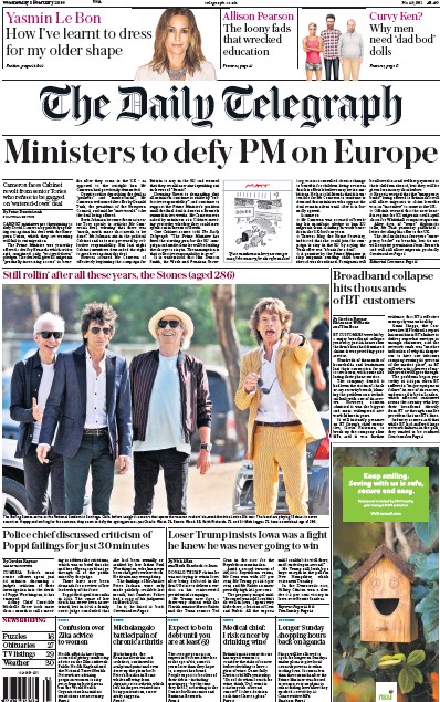 The Daily Telegraph Newspaper Front Page for 3 February 2016