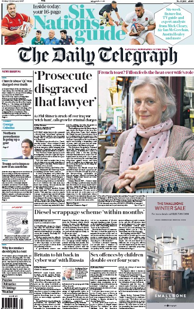 The Daily Telegraph Newspaper Front Page for 3 February 2017