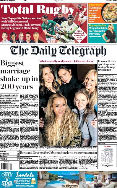 The Daily Telegraph Newspaper Front Page for 3 February 2018
