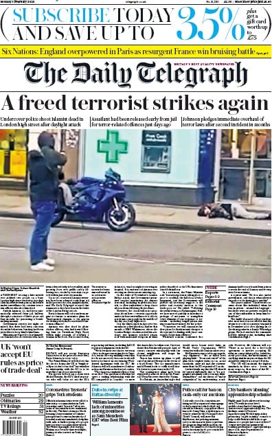 The Daily Telegraph (UK) Newspaper Front Page for 3 February 2020