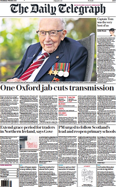 The Daily Telegraph Newspaper Front Page for 3 February 2021
