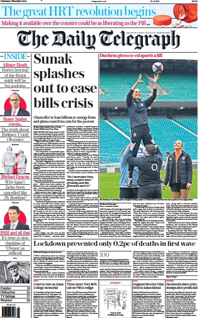 The Daily Telegraph (UK) Newspaper Front Page for 3 February 2022