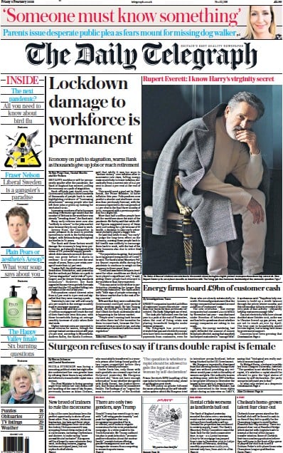 The Daily Telegraph (UK) Newspaper Front Page for 3 February 2023