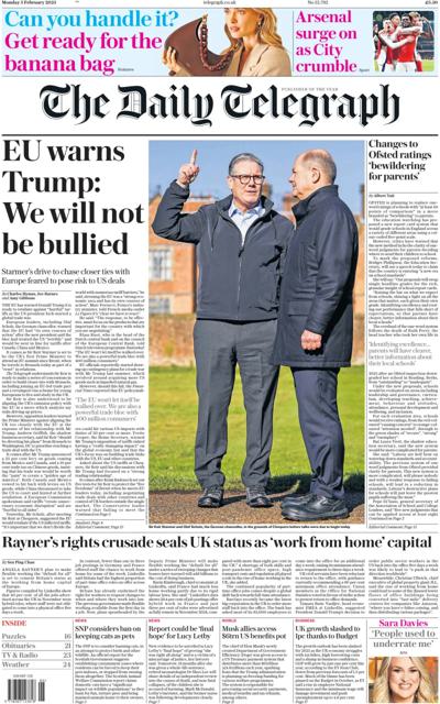 The Daily Telegraph (UK) Newspaper Front Page for 3 February 2025