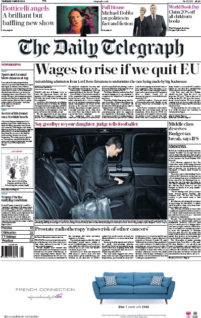 The Daily Telegraph Newspaper Front Page for 3 March 2016