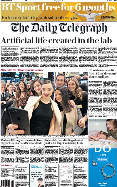 The Daily Telegraph Newspaper Front Page for 3 March 2017
