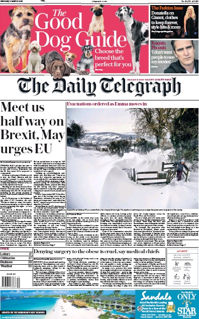 The Daily Telegraph (UK) Newspaper Front Page for 3 March 2018