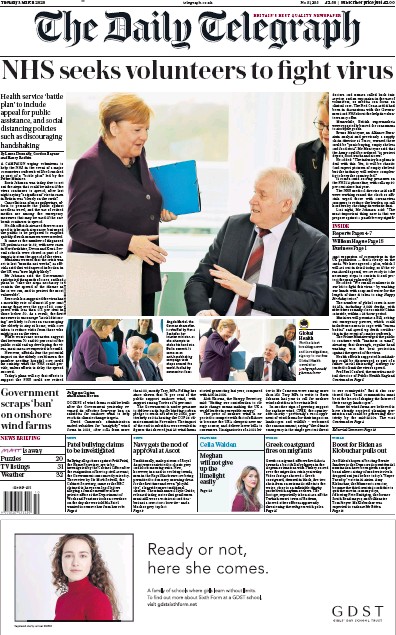 The Daily Telegraph Newspaper Front Page for 3 March 2020