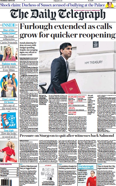 The Daily Telegraph (UK) Newspaper Front Page for 3 March 2021