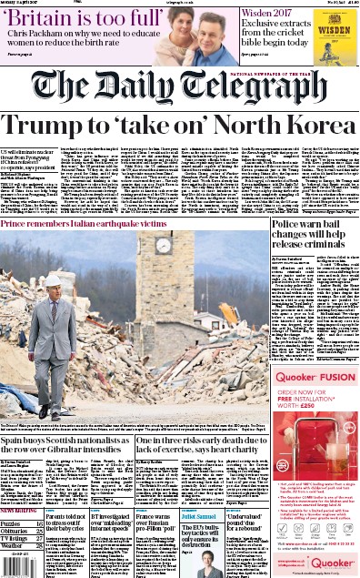 The Daily Telegraph Newspaper Front Page for 3 April 2017