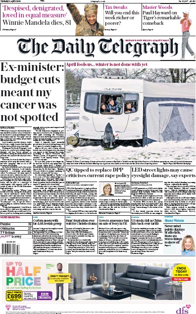 The Daily Telegraph Newspaper Front Page for 3 April 2018