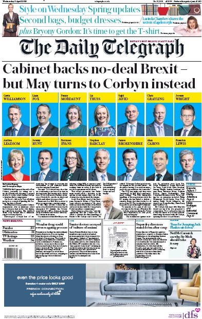 The Daily Telegraph Newspaper Front Page for 3 April 2019