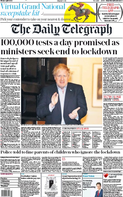 The Daily Telegraph Newspaper Front Page for 3 April 2020