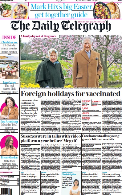 The Daily Telegraph (UK) Newspaper Front Page for 3 April 2021