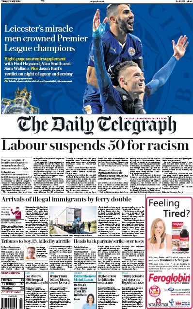 The Daily Telegraph Newspaper Front Page for 3 May 2016