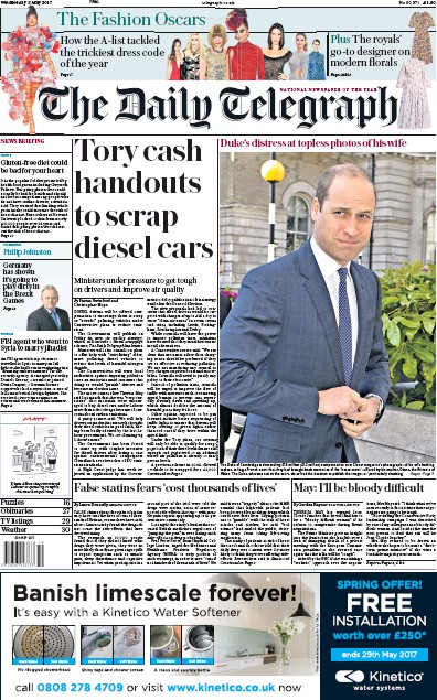 The Daily Telegraph Newspaper Front Page for 3 May 2017