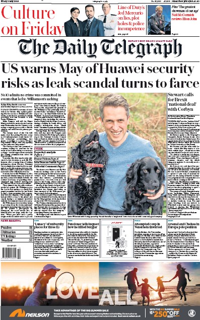 The Daily Telegraph Newspaper Front Page for 3 May 2019