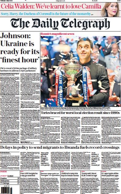 The Daily Telegraph (UK) Newspaper Front Page for 3 May 2022