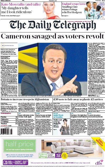 The Daily Telegraph (UK) Newspaper Front Page for 3 June 2016