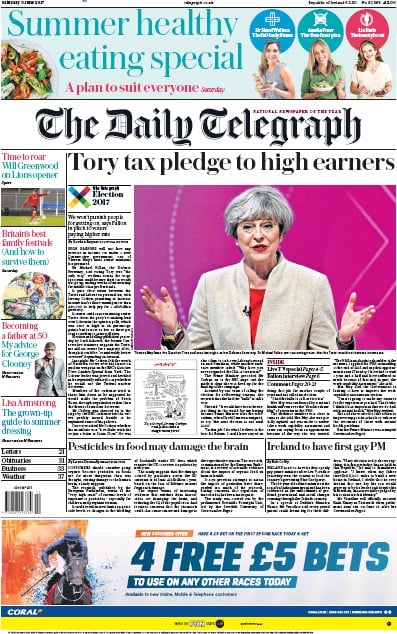 The Daily Telegraph Newspaper Front Page for 3 June 2017
