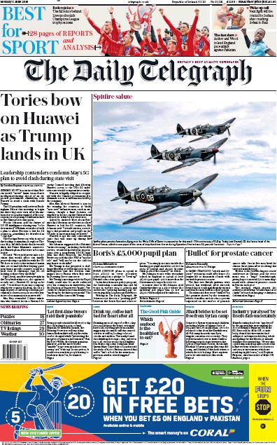 The Daily Telegraph (UK) Newspaper Front Page for 3 June 2019