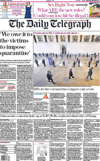 The Daily Telegraph Newspaper Front Page for 3 June 2020
