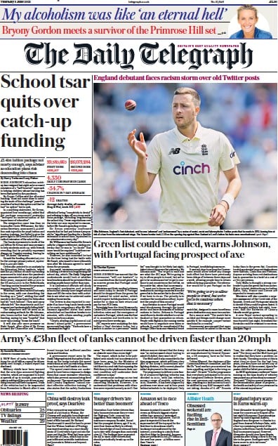 The Daily Telegraph Newspaper Front Page for 3 June 2021